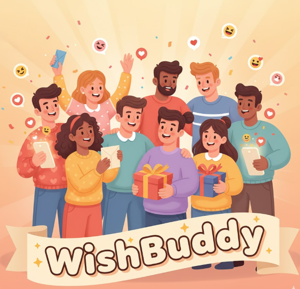 Illustration showing people exchanging fun personalized wishes, representing WishBuddy